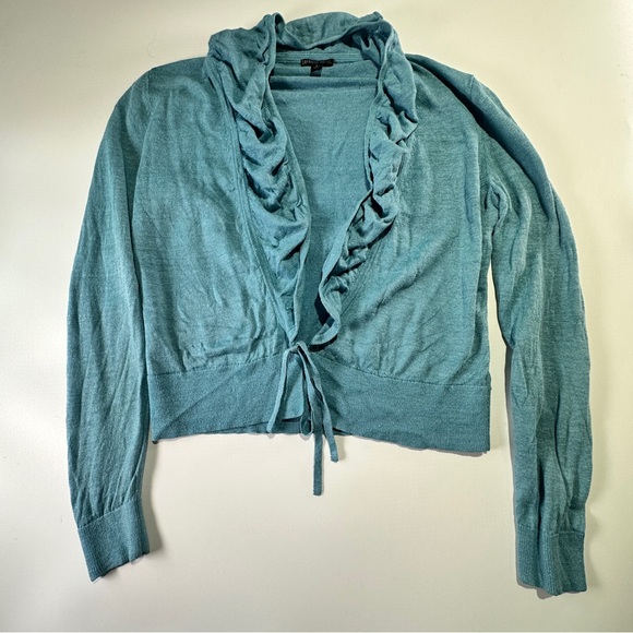 Lafayette 148 linen tie front ruffle trim lightweight cardigan cropped knit S - Picture 2 of 11